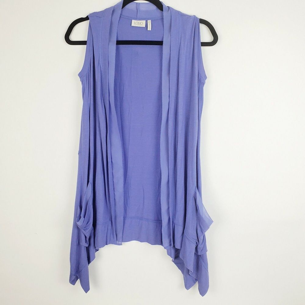 LOGO by Lori Goldstein Open Front Vest‎ Chiffon Trim Purple XXS A251180